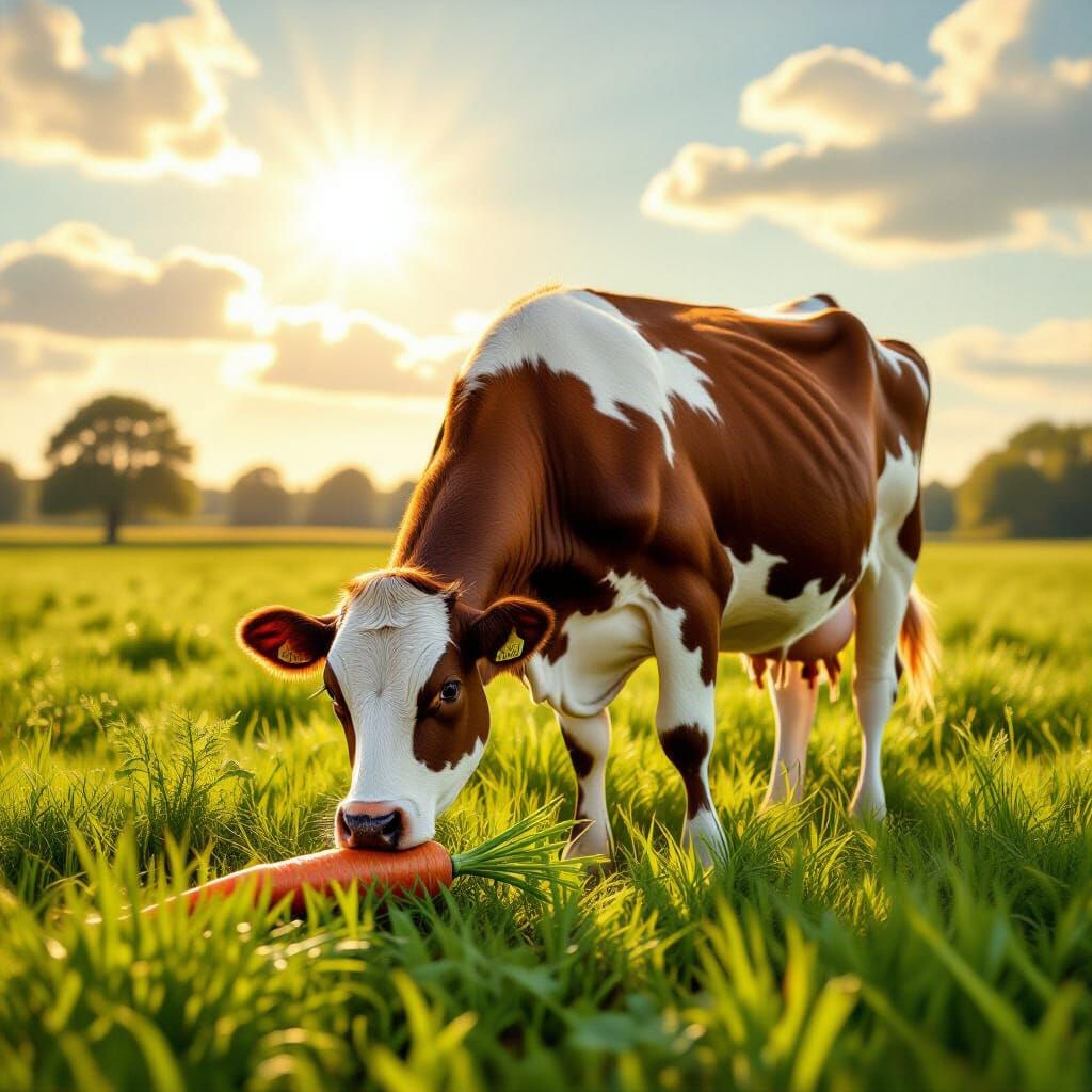 Dairy Cow Grazes on Carrot in Golden Light