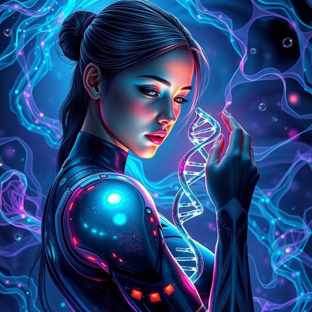 Cybernetic Girl Contemplates Illuminated DNA in Ethereal Dre...