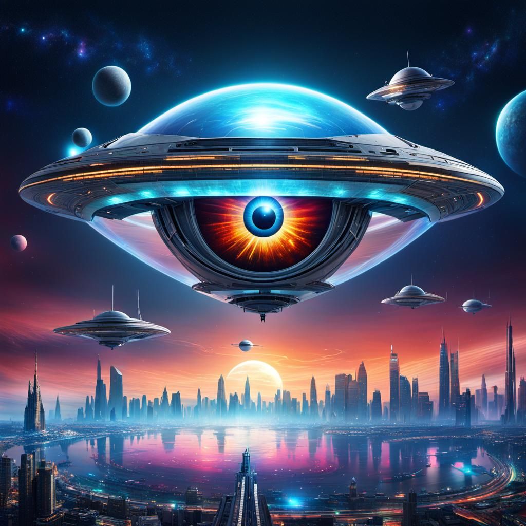 Futuristic Eye Spacecraft in Cosmic Cityscape