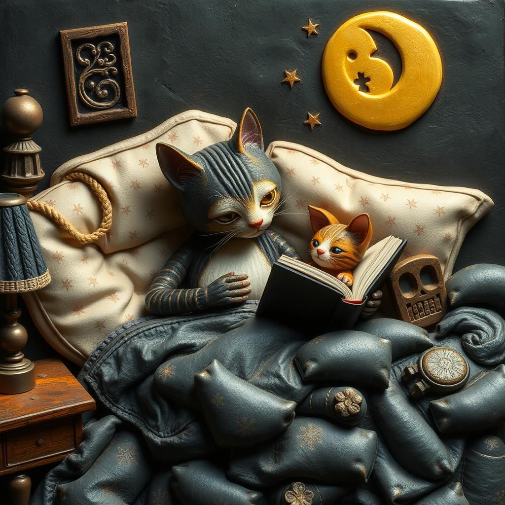 Whimsical 3D Cat Bedtime Story, Folk Art Style