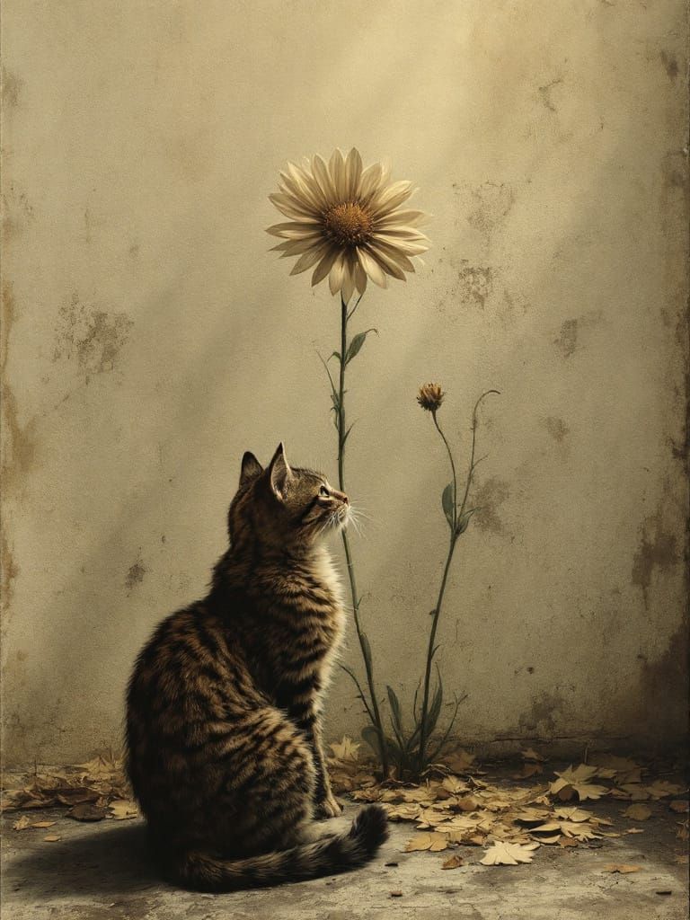 Striped Kitten Gazes Up at Tall Flower, Cinematic Style