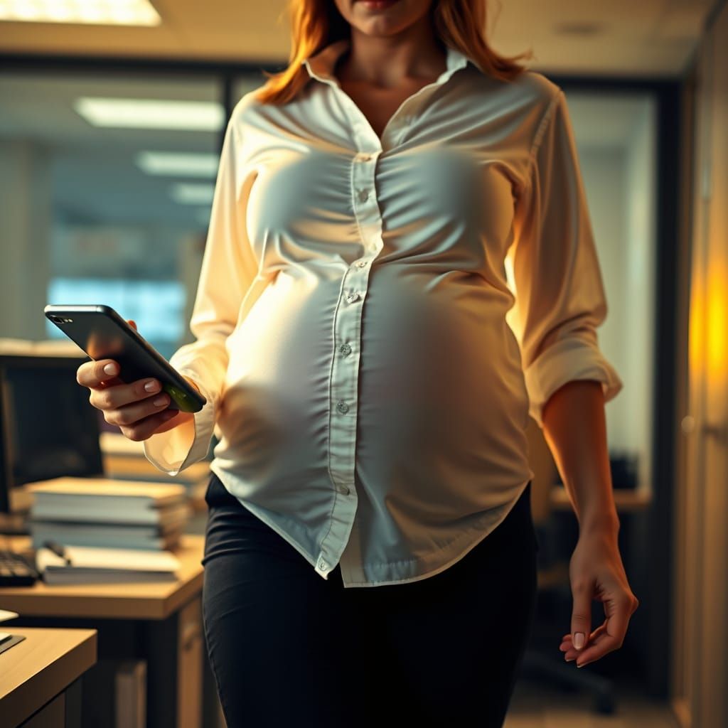 Glowing Pregnant Secretary in Office, Hyperrealistic Photo