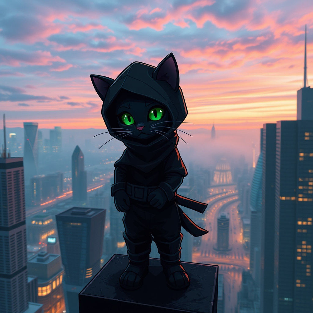 Ninja Kitten Overlooking Futuristic City at Dusk