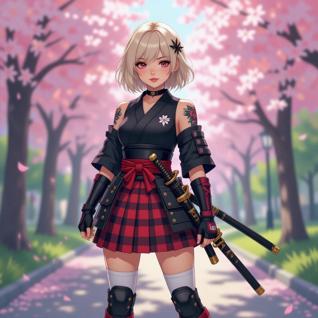 Anime Samurai Woman with Wing Tattoos Amidst Sakura Blossoms