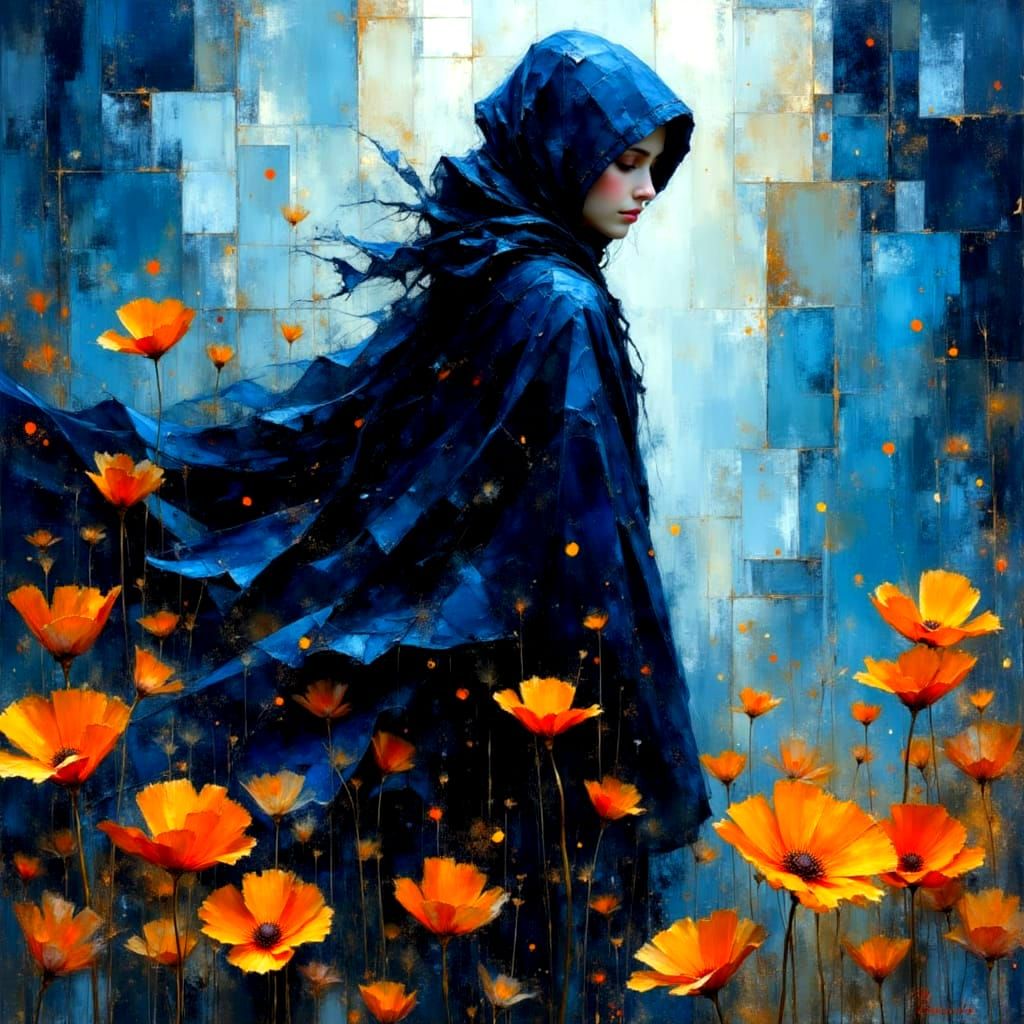 Girl in Cloak Surrounded by Flowers as Impasto Painting