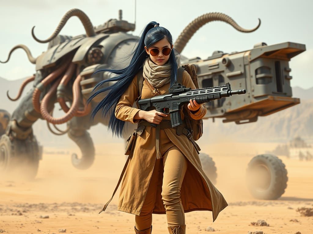 Cyberpunk Nomad Warrior in Desert Wasteland