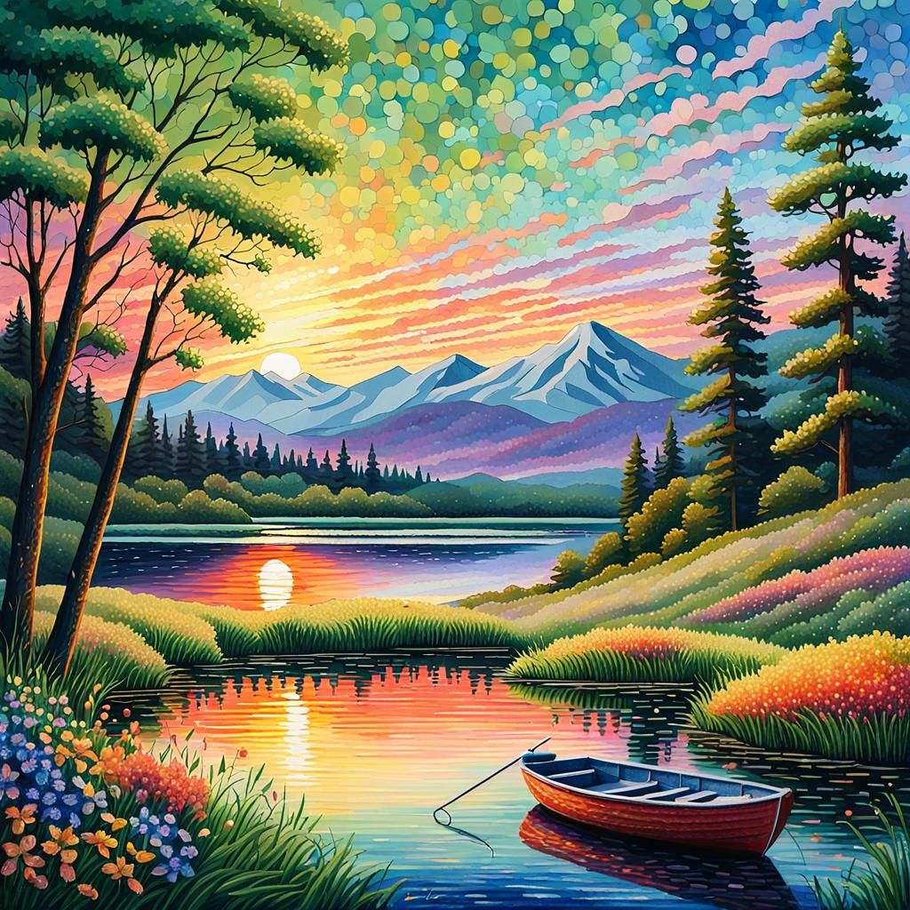 Tranquil Lake Sunset in Pointillism Style