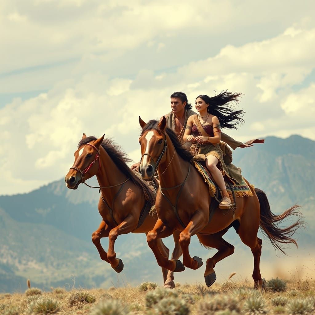 Native American Couple Ride War Horses Across Plains