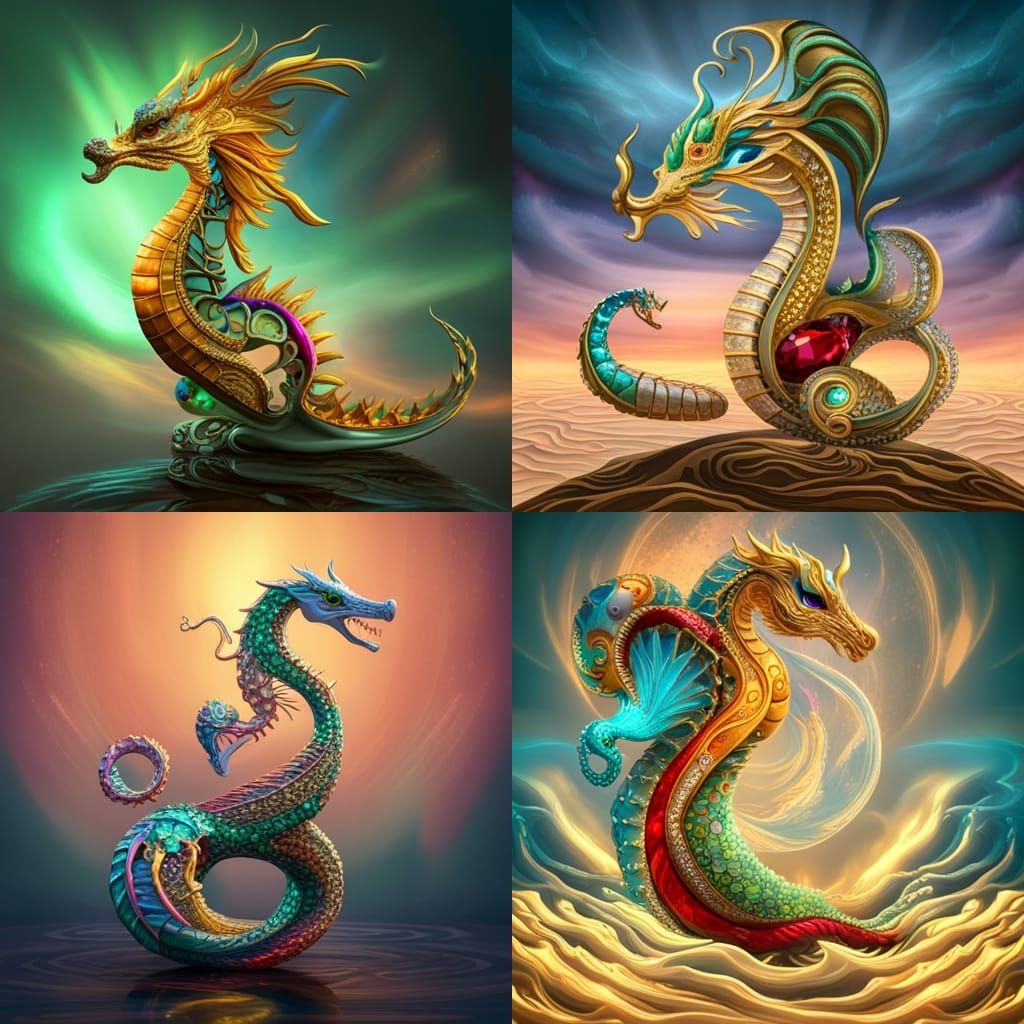 Jeweled Dragon Seahorse: Crystal Render in Art Nouveau Style