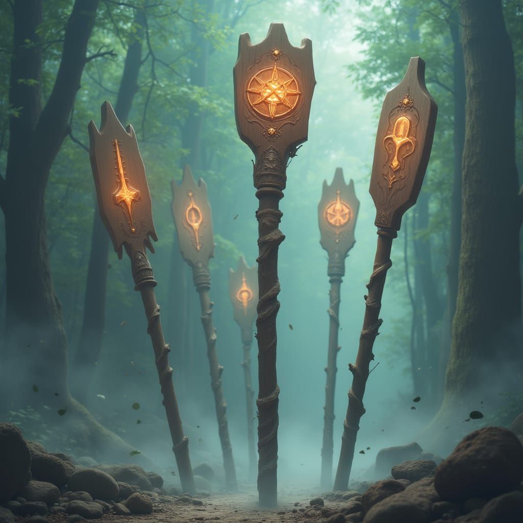Mystical Quarterstaffs Floating in Ethereal Mist