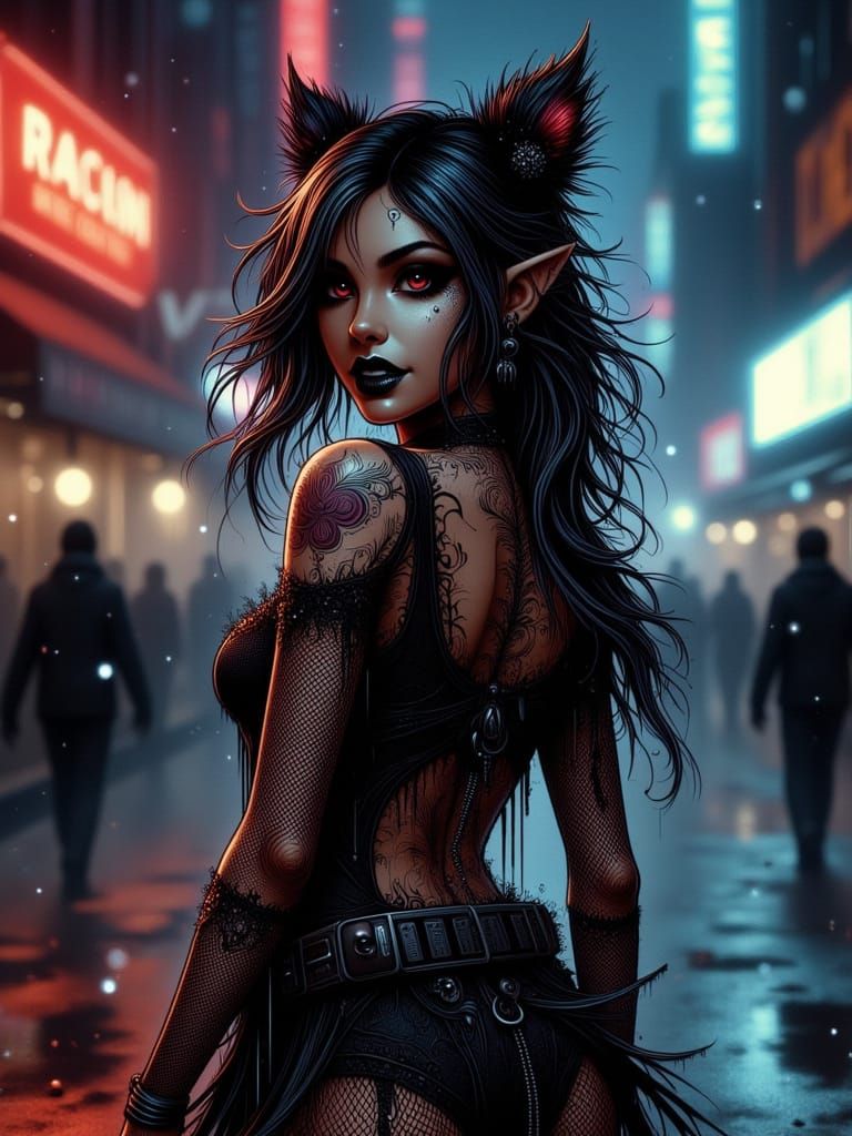 Gothic Punk Cat Girl Dancing in Neon City