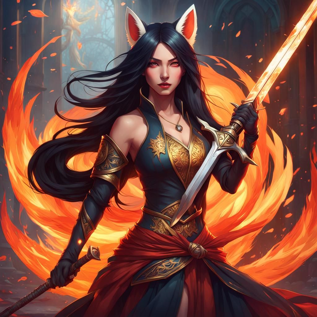 Fiery Kitsune with Sword, Hyperdetailed Concept Art