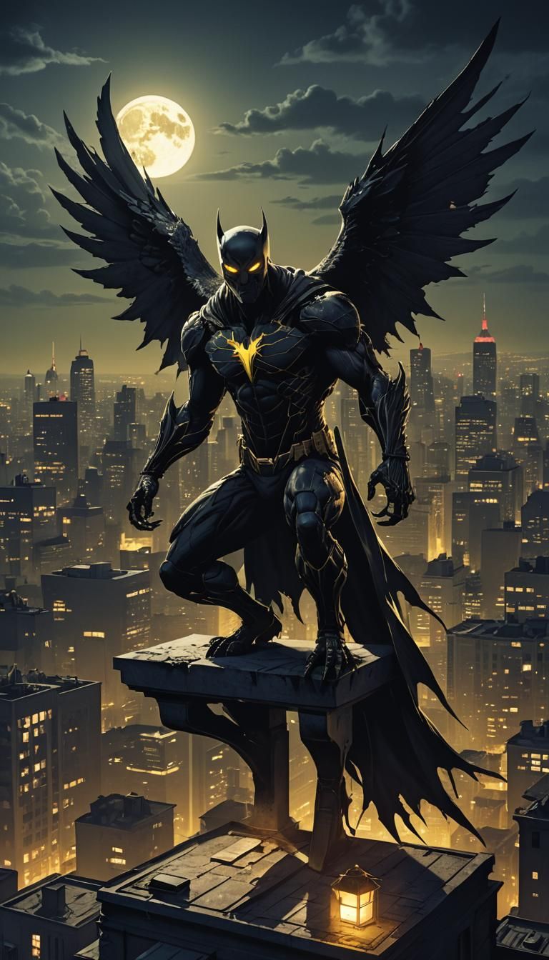 Hybrid Superhero Perched on Rooftop in Comic Style