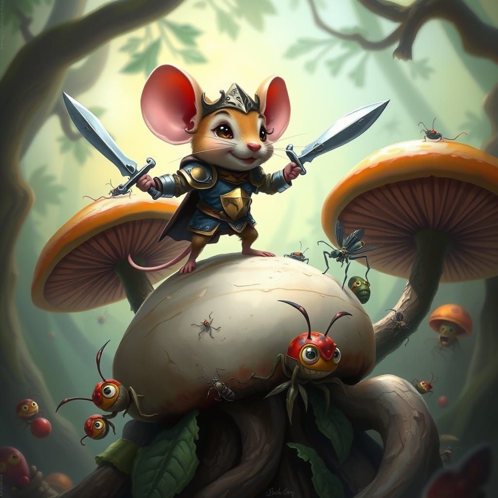 Brave Mouse Knight on Mushroom, Disney-Style Digital Art