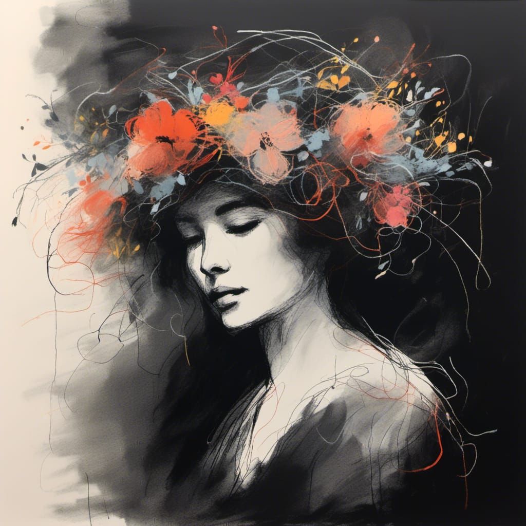 Woman with Floral Crown in Charcoal and Gouache Style