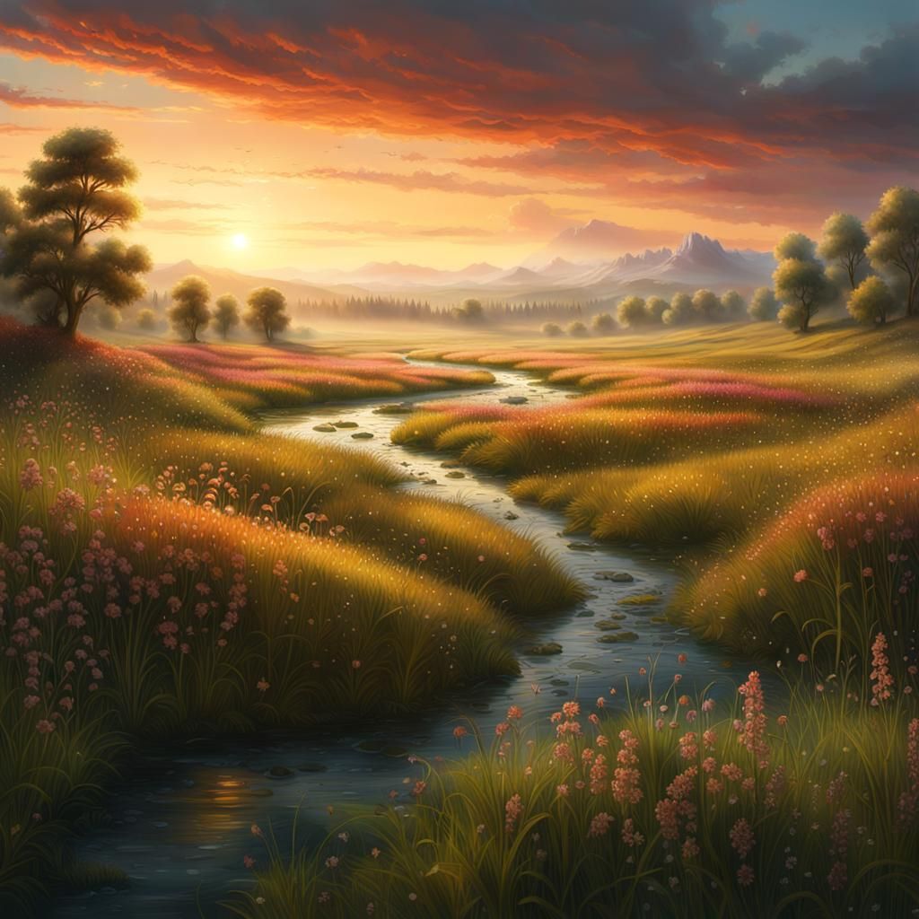 Sprawling Meadow at Sunset: A Digital Matte Painting
