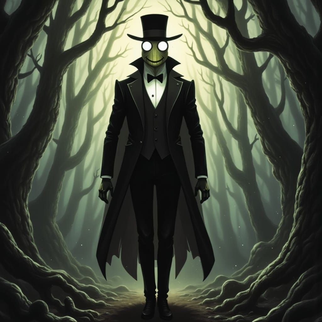 Bill Cipher in Mystical Forest, Atmospheric Illustration