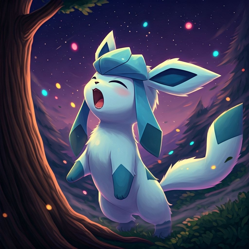Cute Chibi Glaceon Jumps in Starry Anime Style