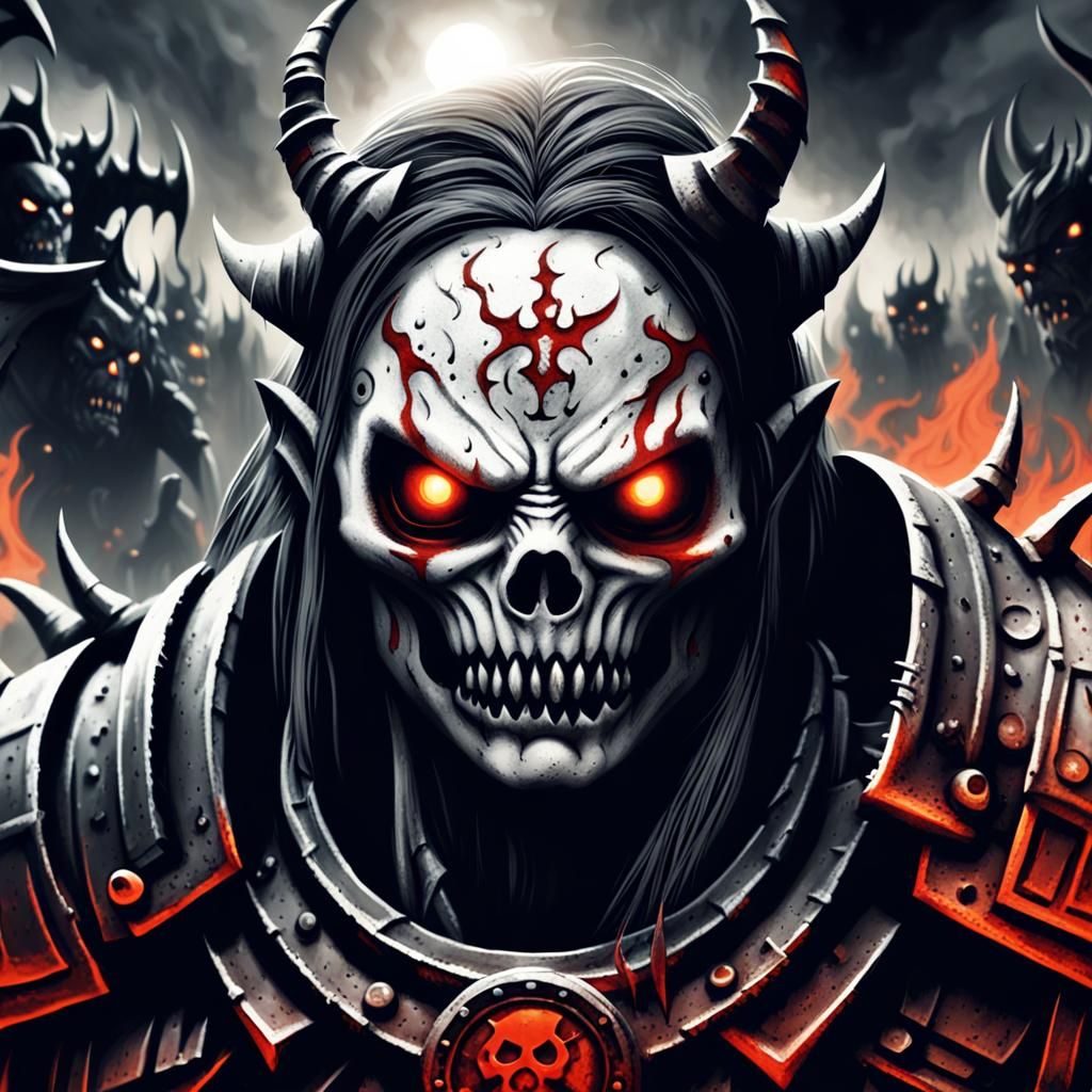 Space Marine Fighting Demons in Ruined City