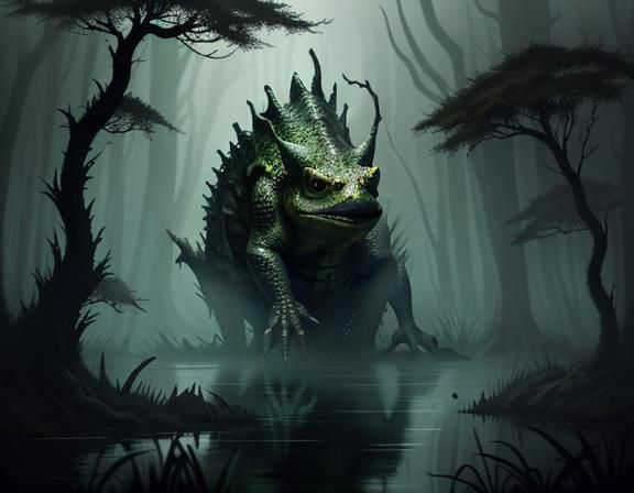 Bullywug Emerges from Misty Swamp: Dark Fantasy Illustration