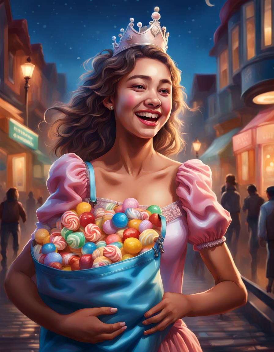 A young lady dressed as a princess happily carries a big bag of candy, moonlit street Hyperrealistic, splash art, concep...