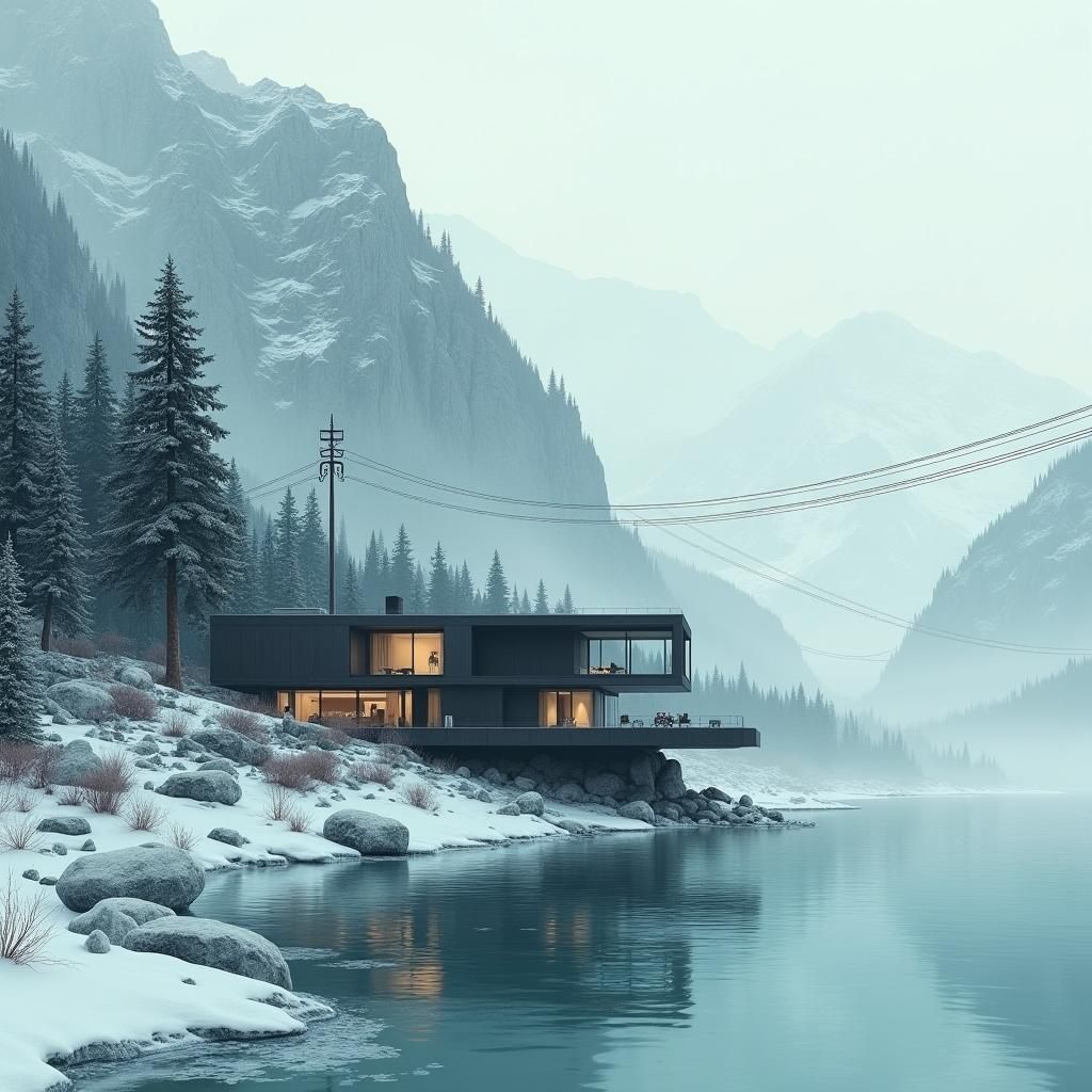 Icy Lake Villa with Power Line: Concept Art