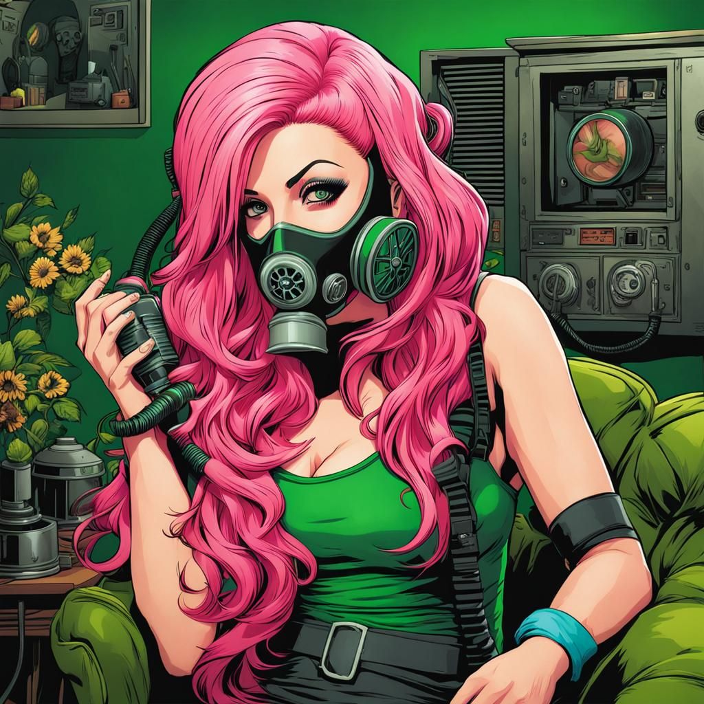 Woman with Pink Hair and Gas Mask in Comic Style