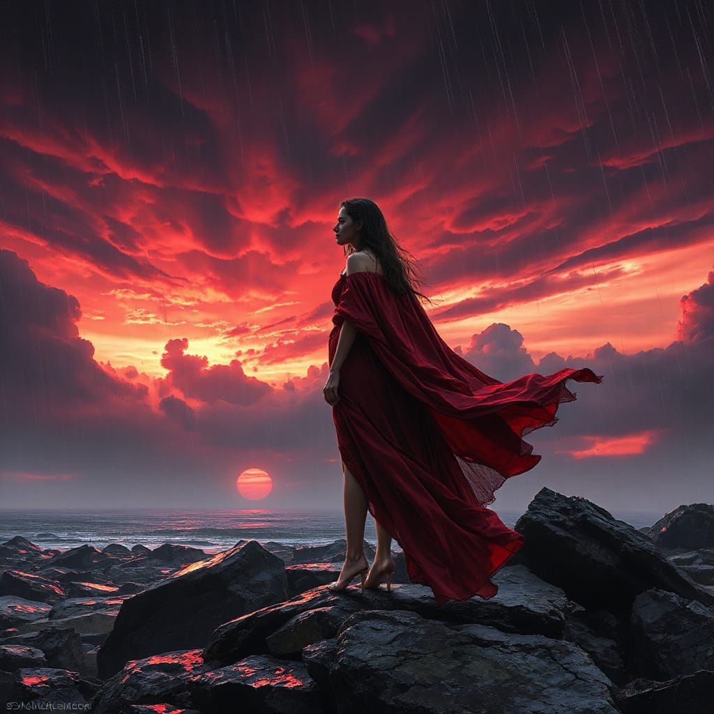 Gothic Woman on Rocky Shore at Dramatic Sunset