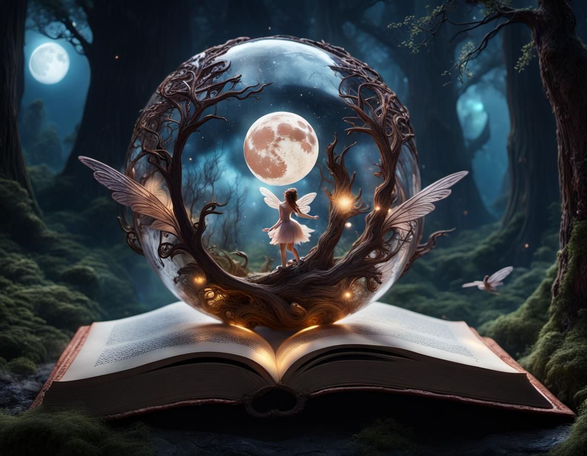 Fairies Emerge from Book in Dark Woods