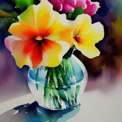 Pastel Bouquet in Glass Vase: Watercolor Painting
