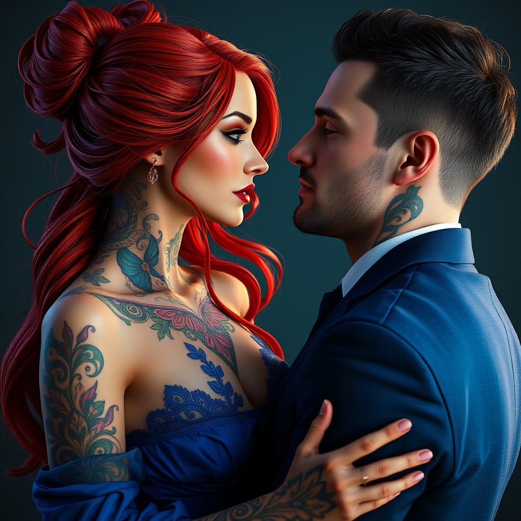 Couple in Passionate Embrace, in Vibrant Color and Hyperdeta...