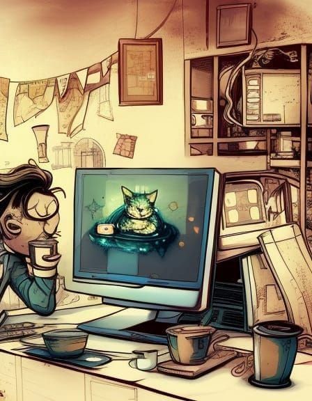 I used a computer to create a guy using a computer to make AI art of cats lol