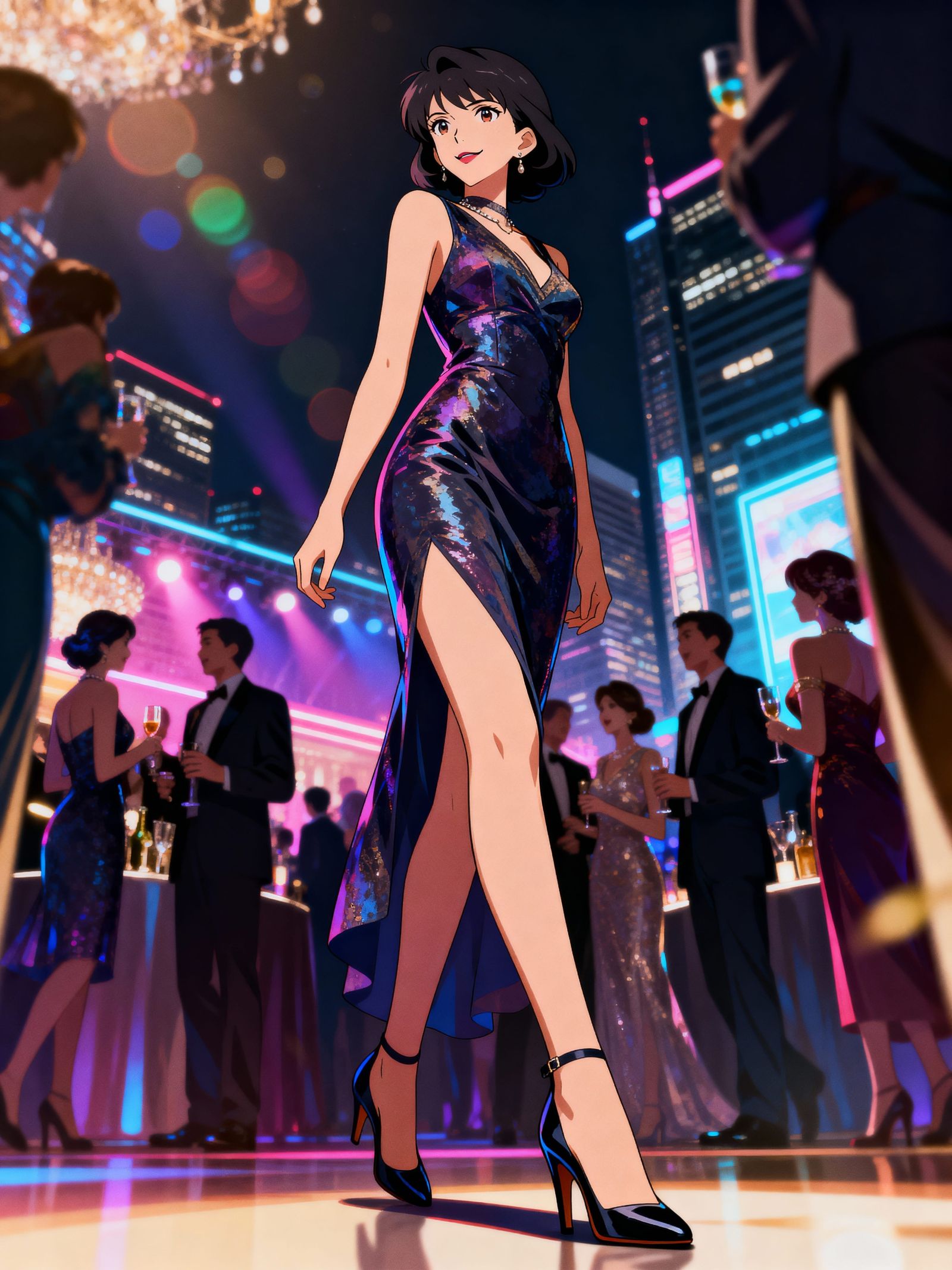 Anime Model Smirks Sensually at Night Party