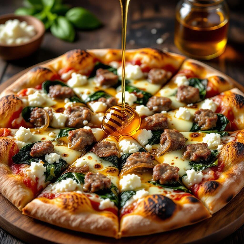Gourmet Pizza with Spinach, Feta, Sausage, and Honey