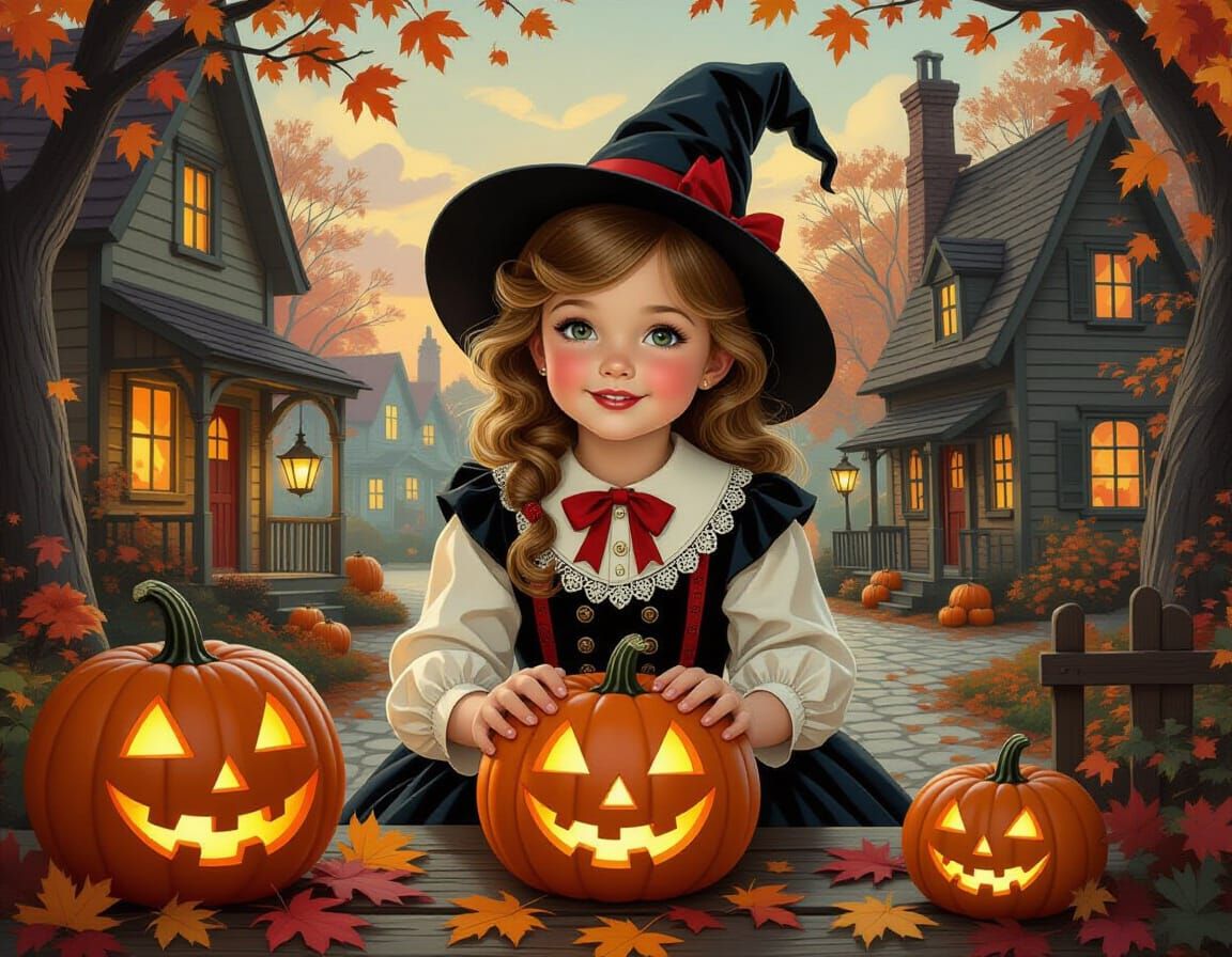 Girl in Autumn Attire with Halloween Decorations