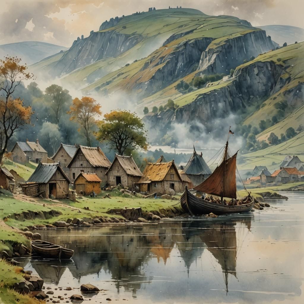 Viking Longship and Runestone in Watercolor Style