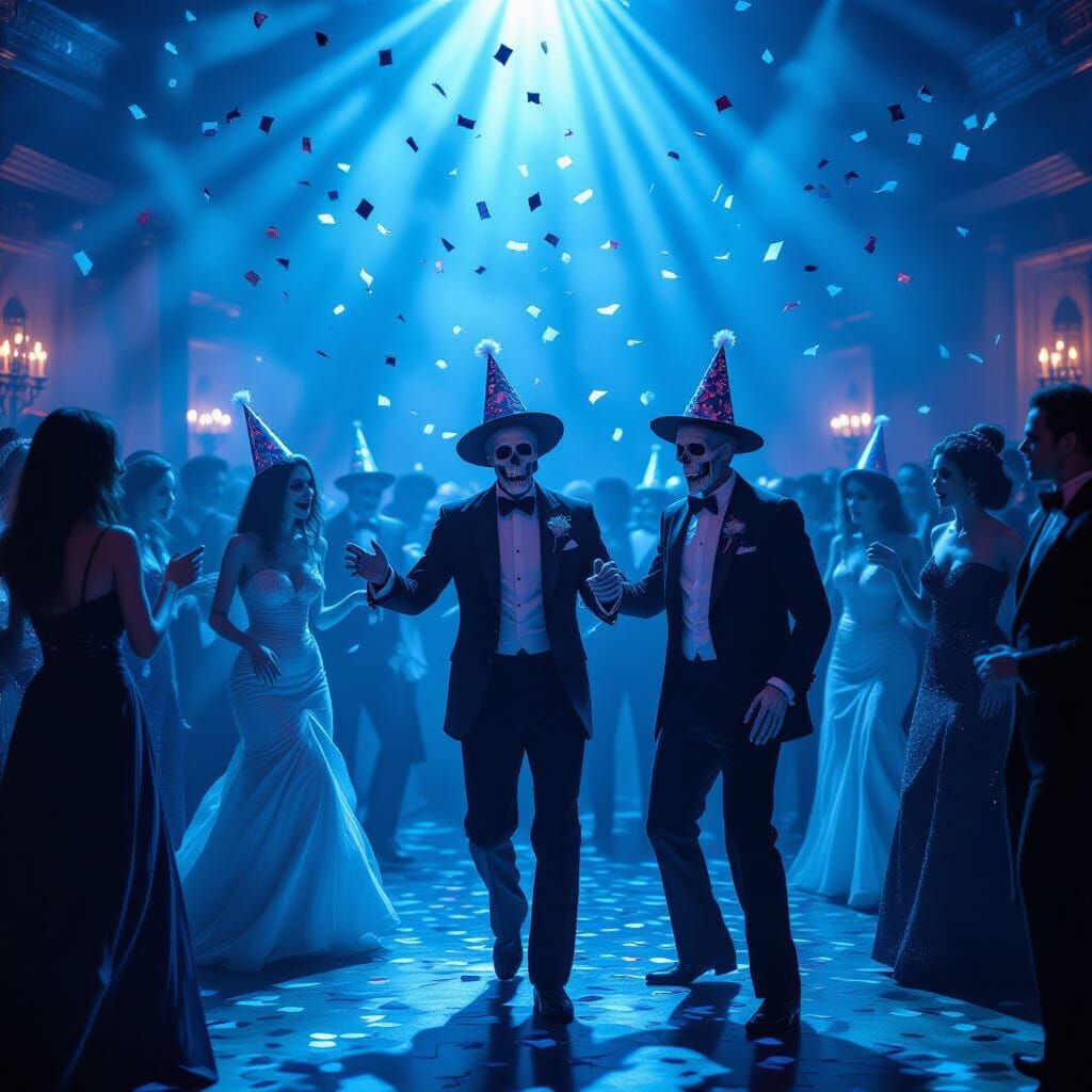 Macabre New Year's Eve Dance Party with Ghosts and Skeletons