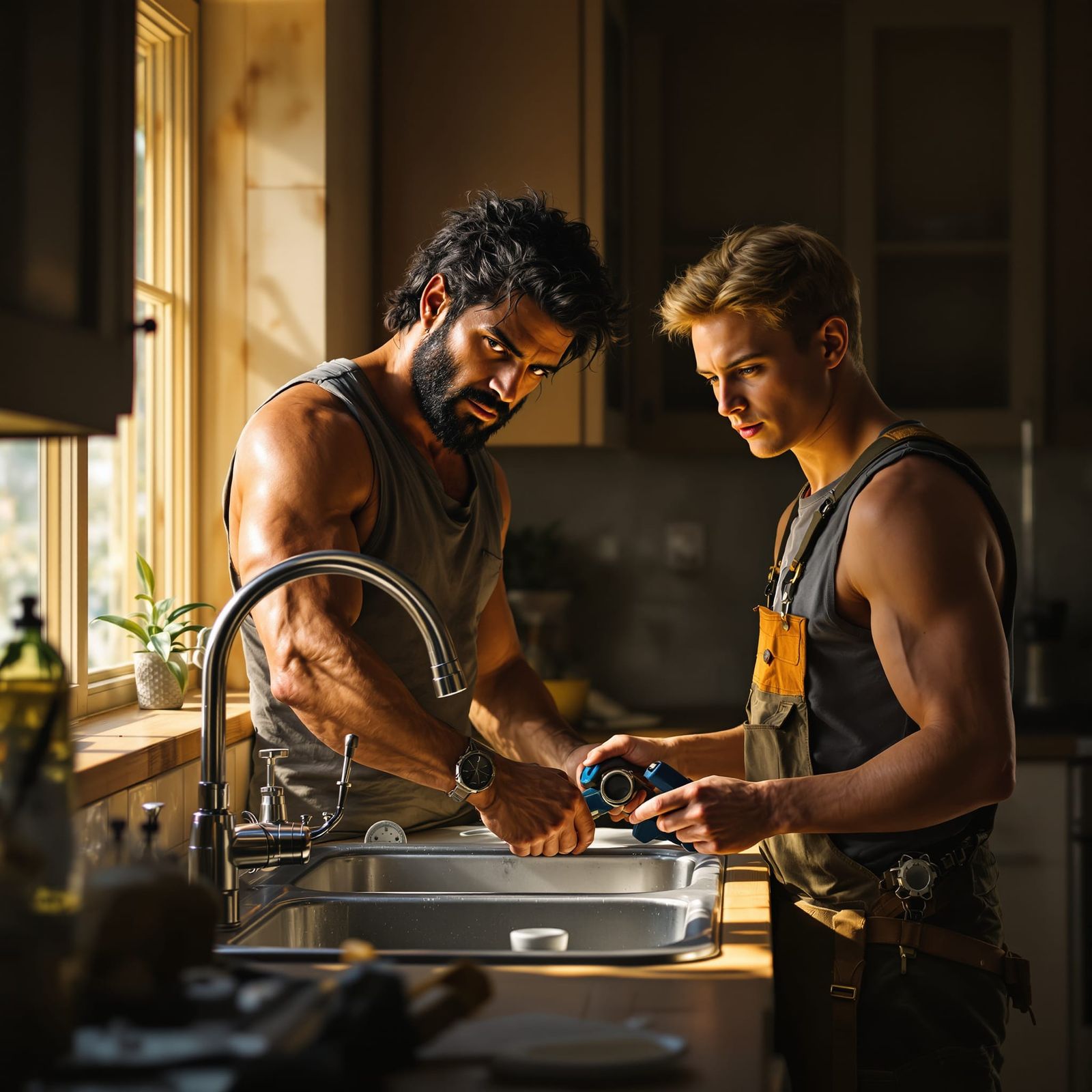 Muscular Plumber and Apprentice in Golden Hour Glow