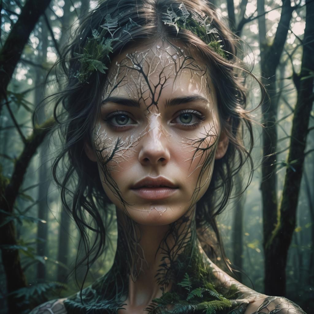 Ethereal Double Exposure Portrait in Hyper-Realistic Style