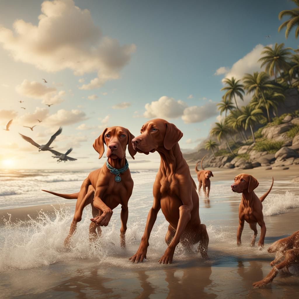 Vizsla Family's Beach Day: Detailed Matte Painting