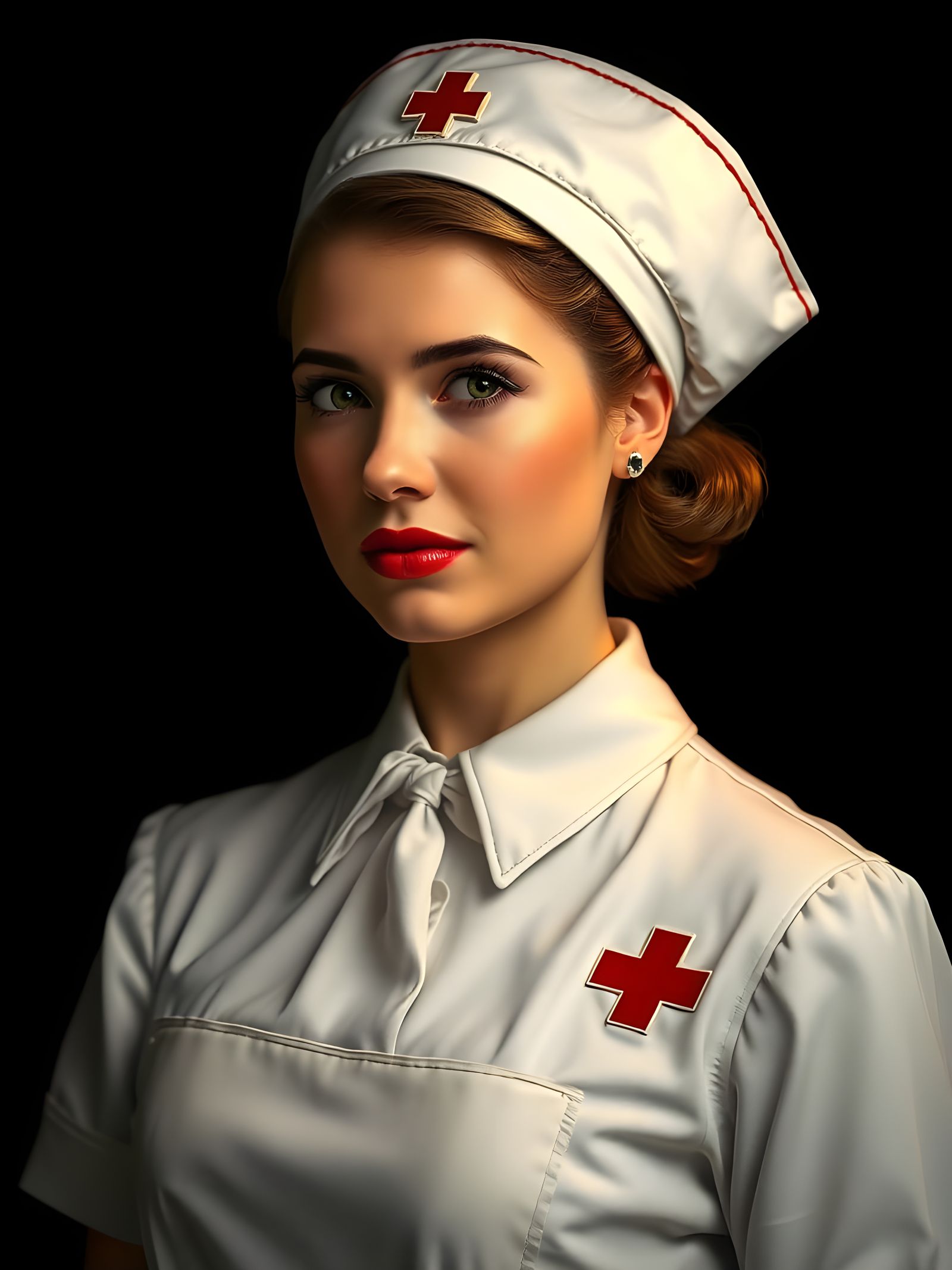 Vintage Nurse in Dramatic Black Background