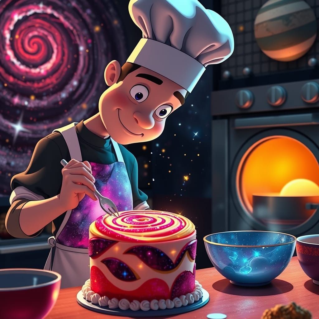 Galactic Pastry Artist in Cosmic Bakery