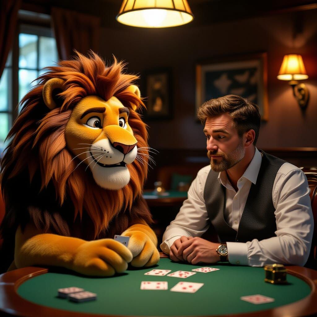 Cartoon Lion and Man Play Cards Together