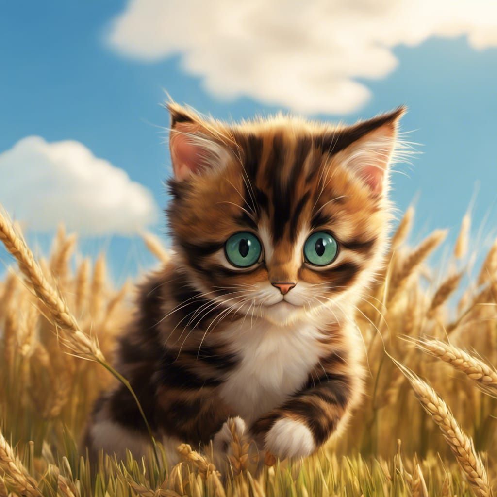 Tortoiseshell Kitten Plays in Wheat Field: Anime Style