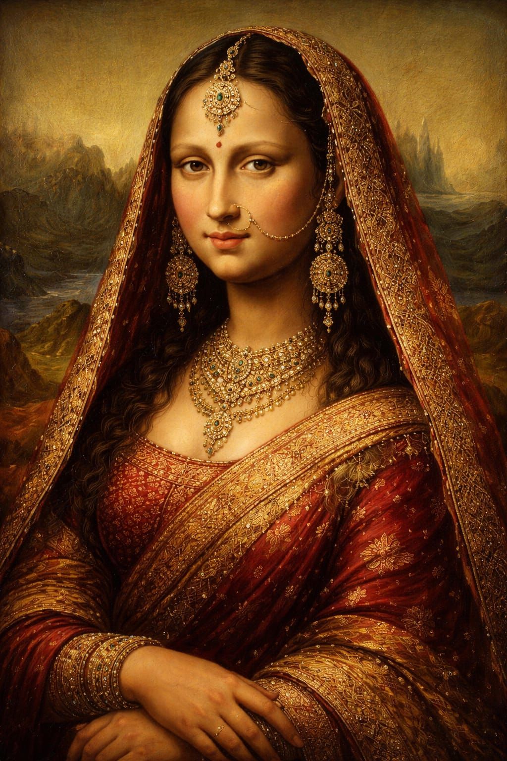 Mona Lisa as Indian Bride in Old Masters Oil Style