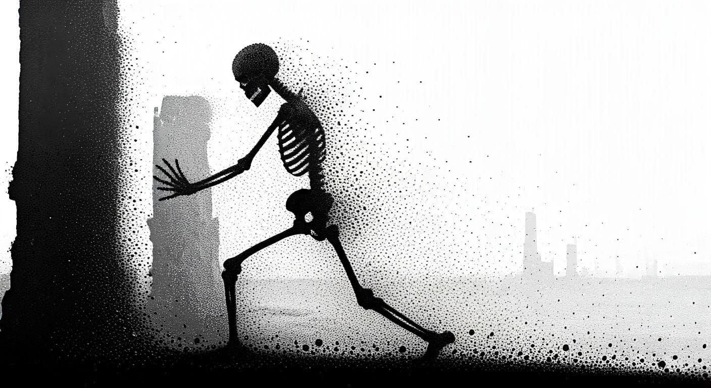 Pointillist Skeleton Disintegrating into Desert Wind