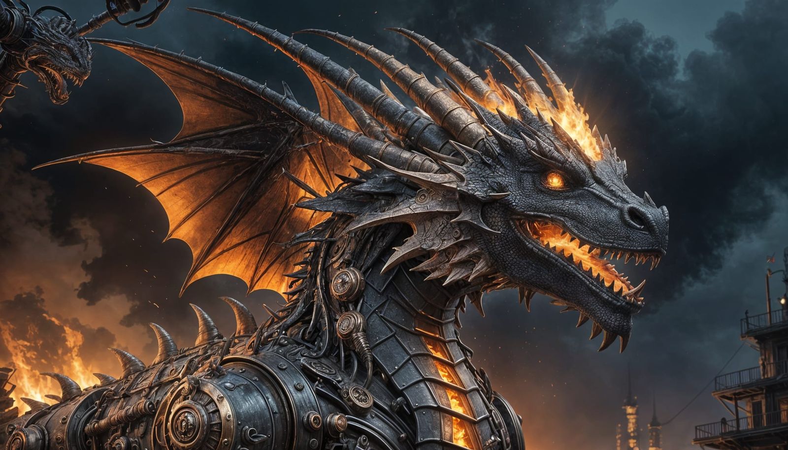 A Majestic Steampunk Dragon in Intricate Metallic Black and...
