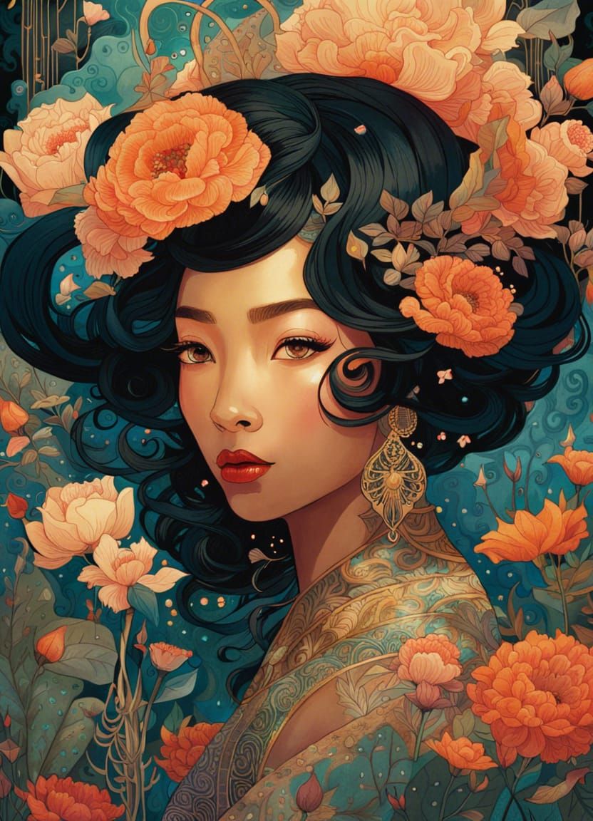 Fantasy Ebony Girl Portrait in Watercolor Style