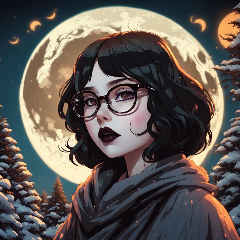 Gothic Girl in Snowy Forest at Night