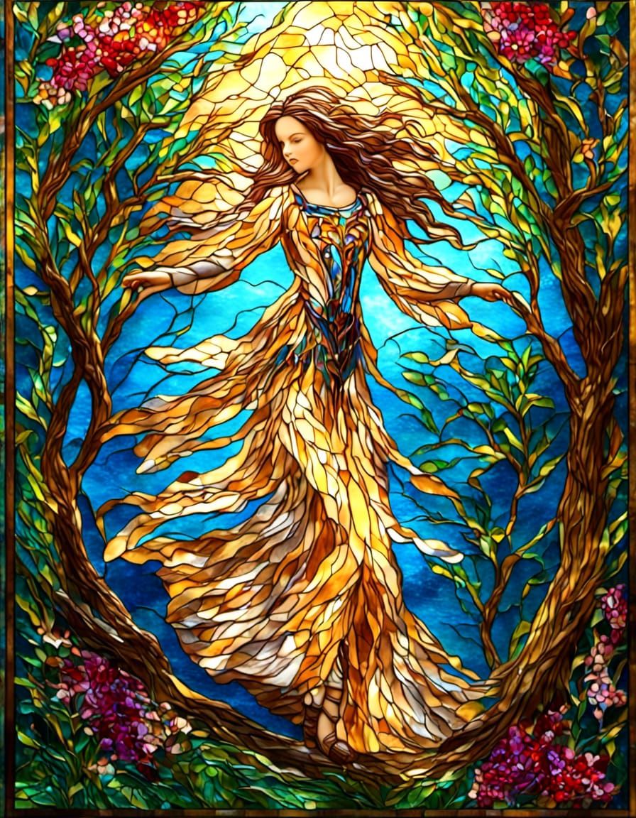 Pop up stained glass, mosaic, fantasy girl  dancing next to ...